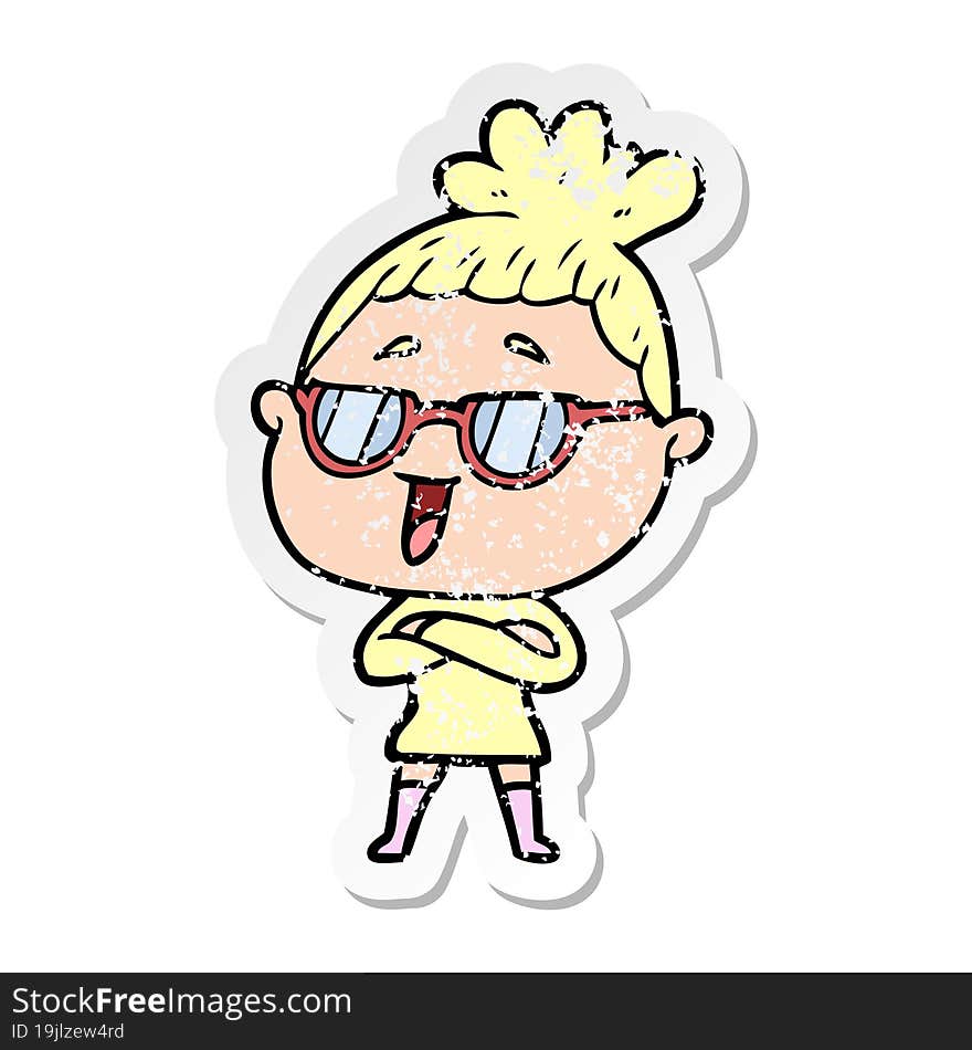 Distressed Sticker Of A Cartoon Happy Woman Wearing Spectacles