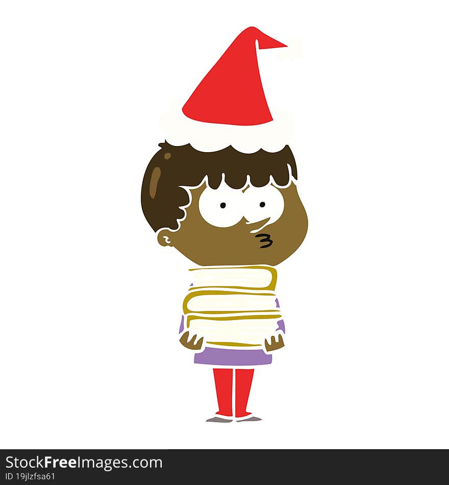 Flat Color Illustration Of A Curious Boy With Lots Of Books Wearing Santa Hat