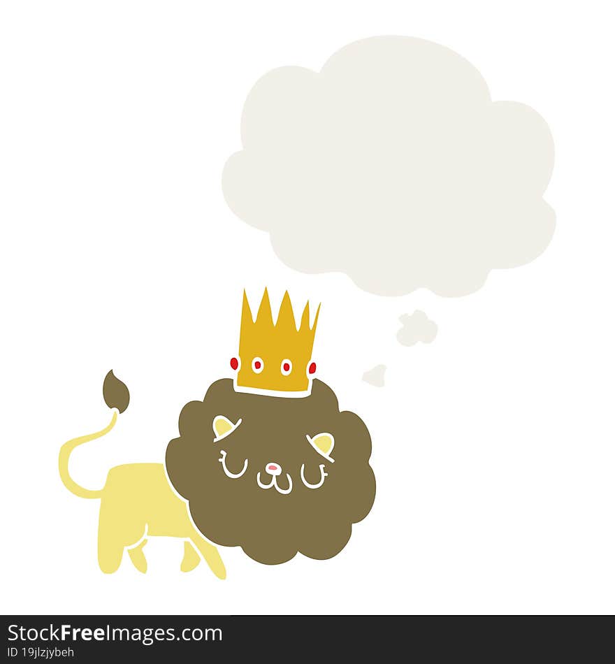 cartoon lion with crown and thought bubble in retro style