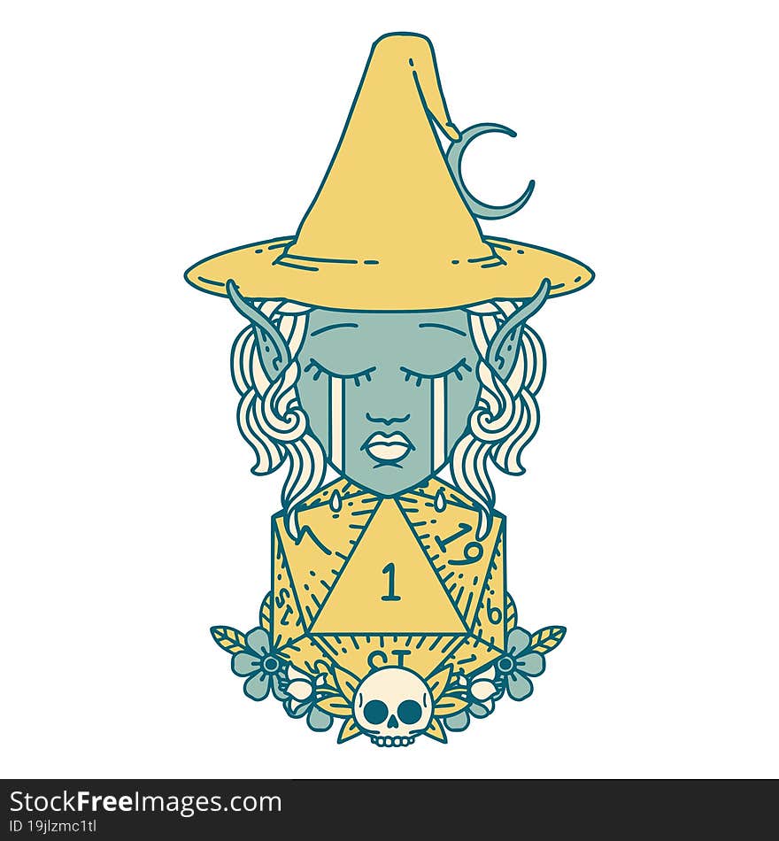 crying elf witch with natural one D20 roll illustration