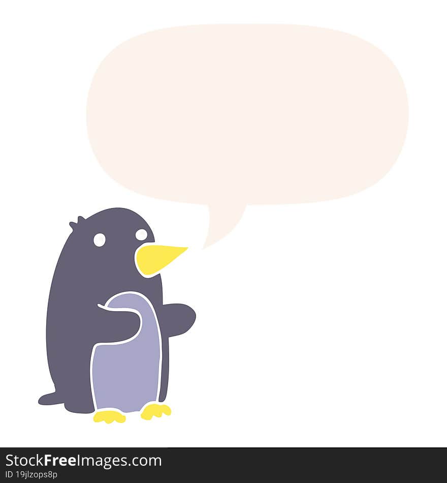 cartoon penguin and speech bubble in retro style