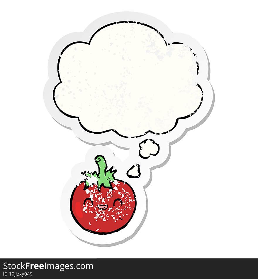 cute cartoon tomato and thought bubble as a distressed worn sticker