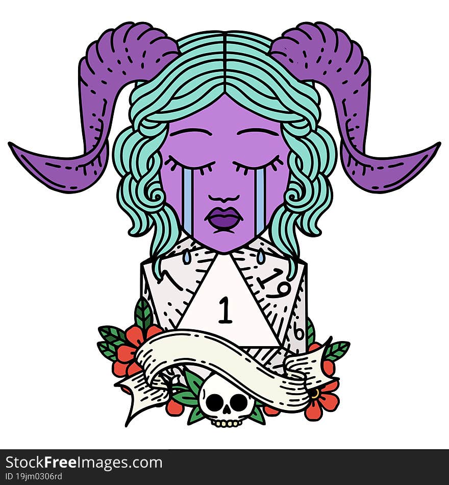 Crying Tiefling With Natural One D20 Dice Roll Illustration