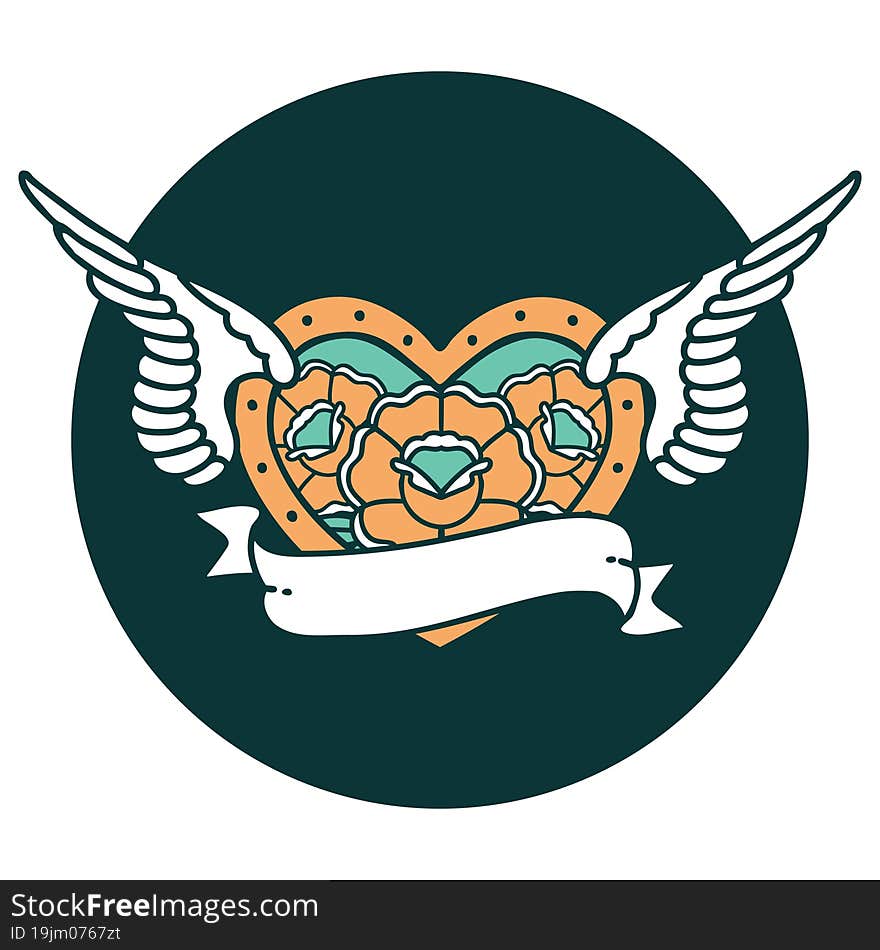 Tattoo Style Icon Of A Flying Heart With Flowers And Banner