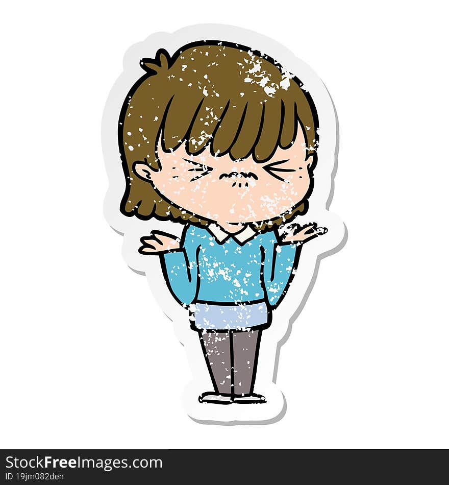 Distressed Sticker Of A Annoyed Cartoon Girl