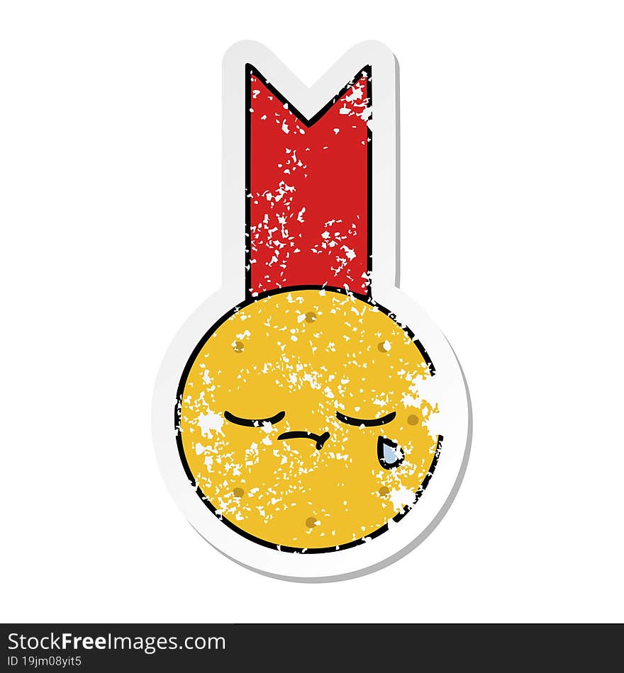 distressed sticker of a cute cartoon gold medal