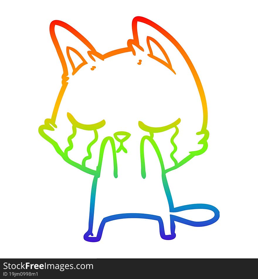 rainbow gradient line drawing of a crying cartoon cat