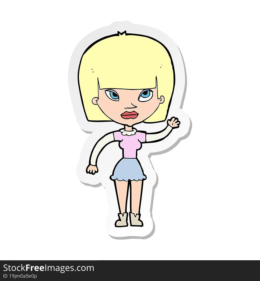 sticker of a cartoon woman waving