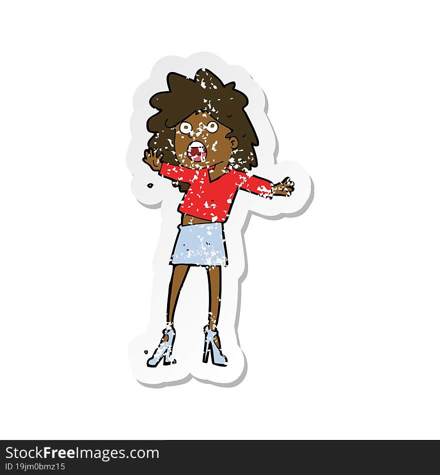 retro distressed sticker of a cartoon woman having trouble walking in heels