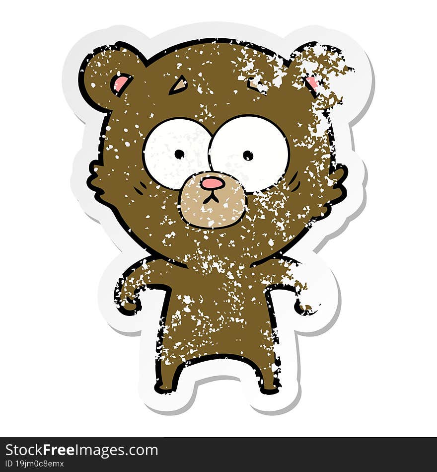 distressed sticker of a surprised bear cartoon