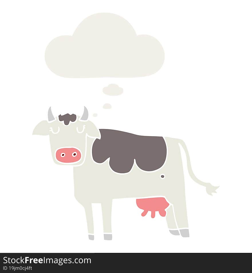 cartoon cow and thought bubble in retro style