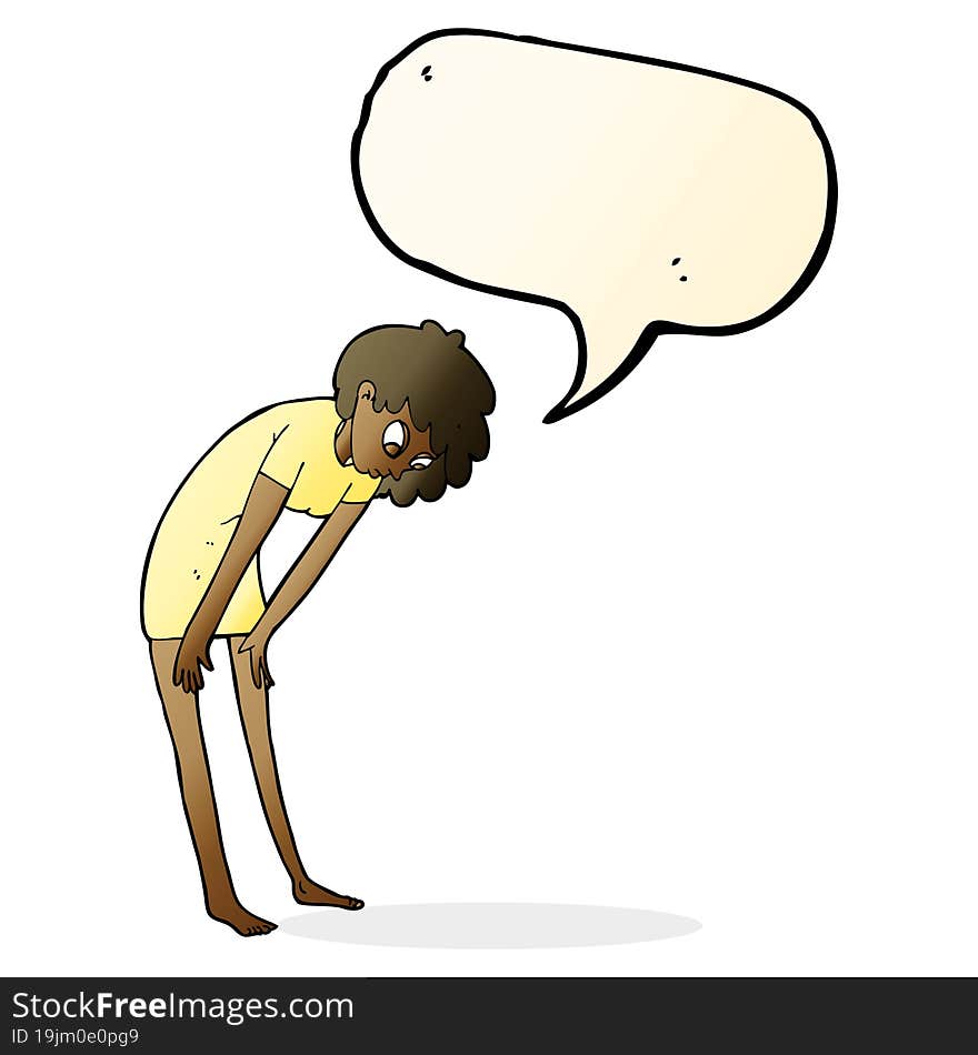 Cartoon Woman Looking At Her Feet With Speech Bubble