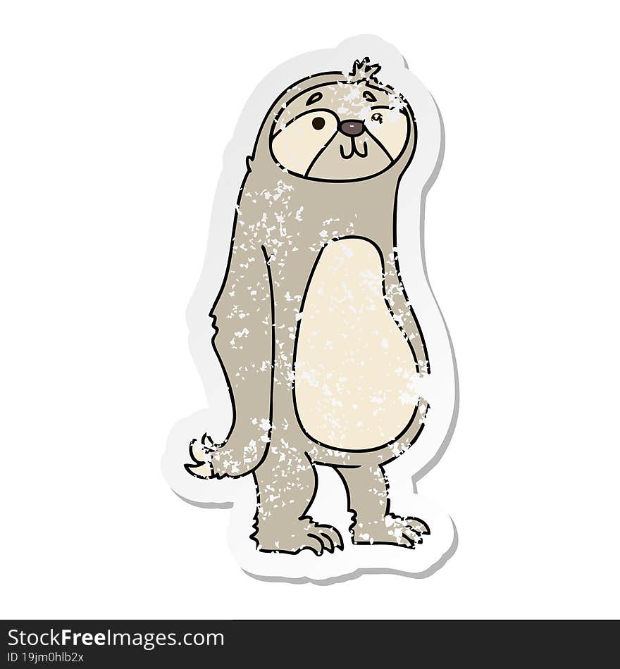 distressed sticker of a quirky hand drawn cartoon sloth