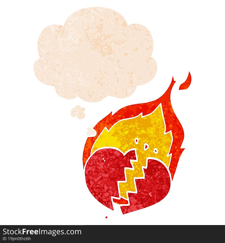 cartoon flaming heart and thought bubble in retro textured style