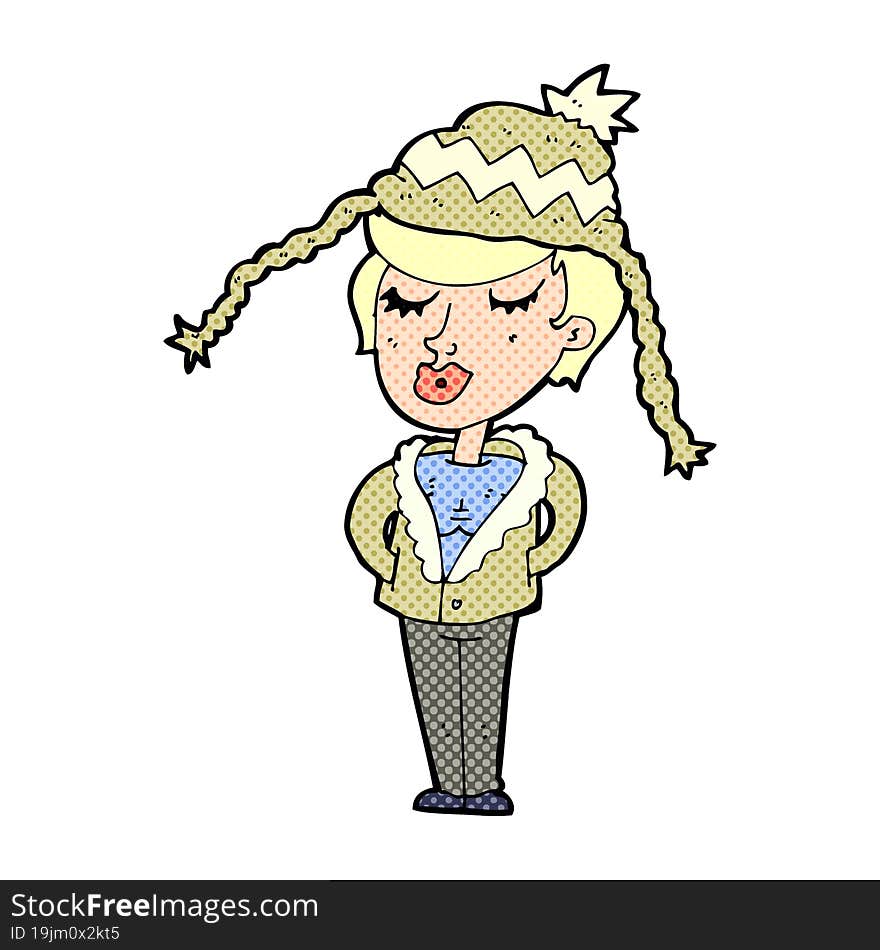 cartoon woman wearing winter hat