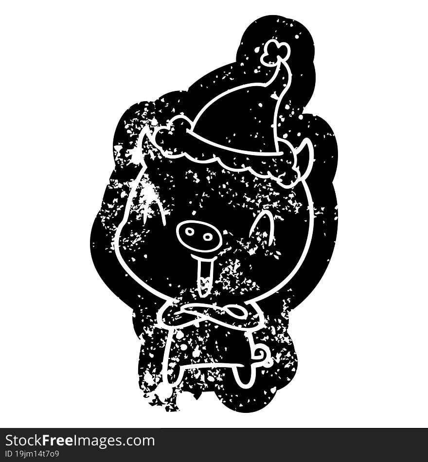 happy cartoon distressed icon of a pig wearing santa hat