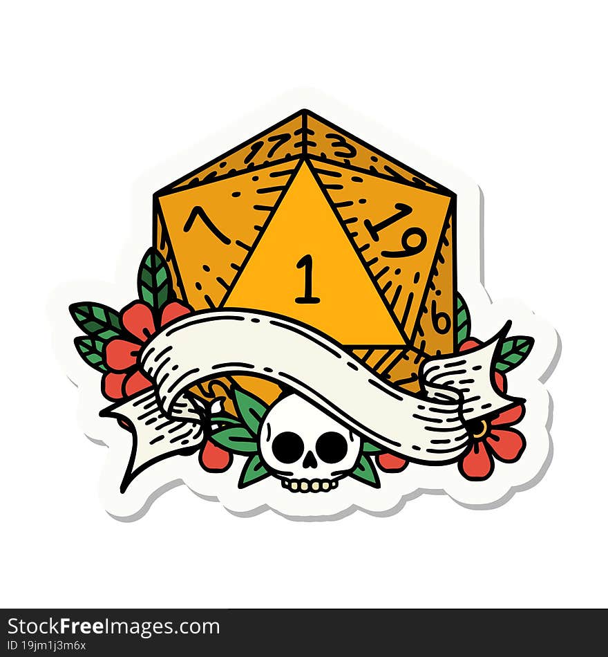 sticker of a natural one d20 dice roll. sticker of a natural one d20 dice roll