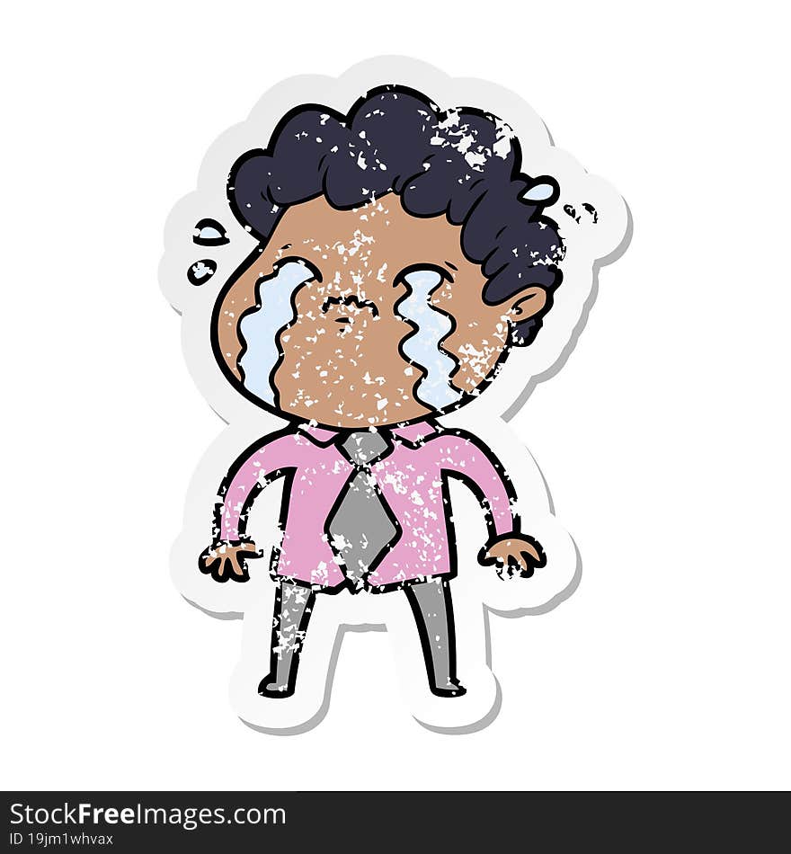 distressed sticker of a cartoon man crying