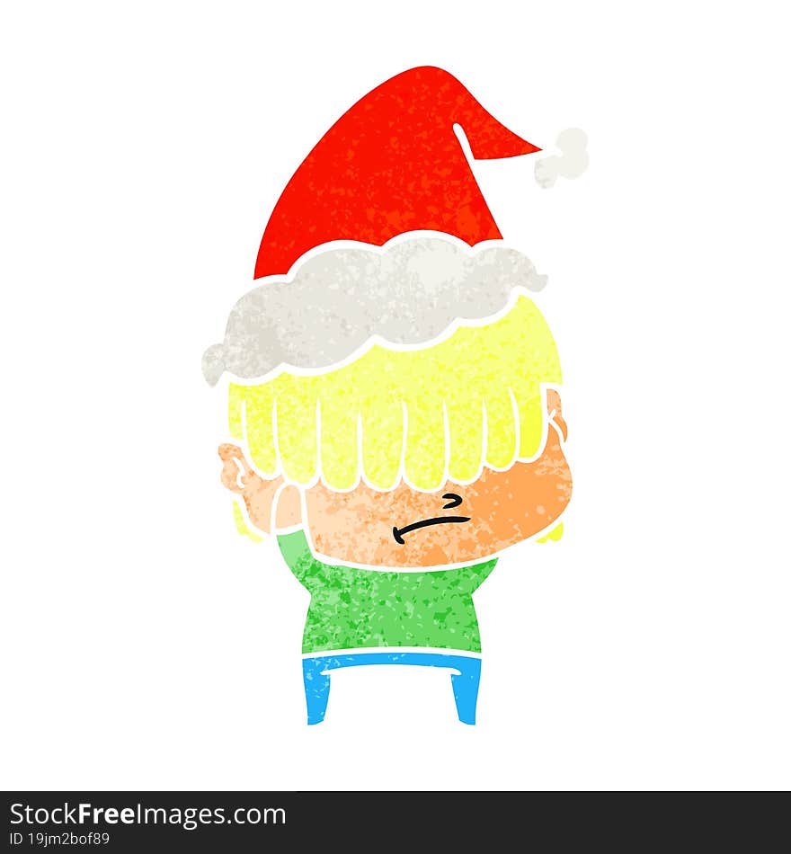 Retro Cartoon Of A Boy With Untidy Hair Wearing Santa Hat