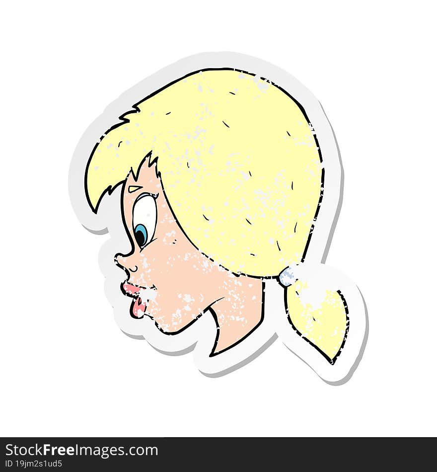 retro distressed sticker of a cartoon pretty female face