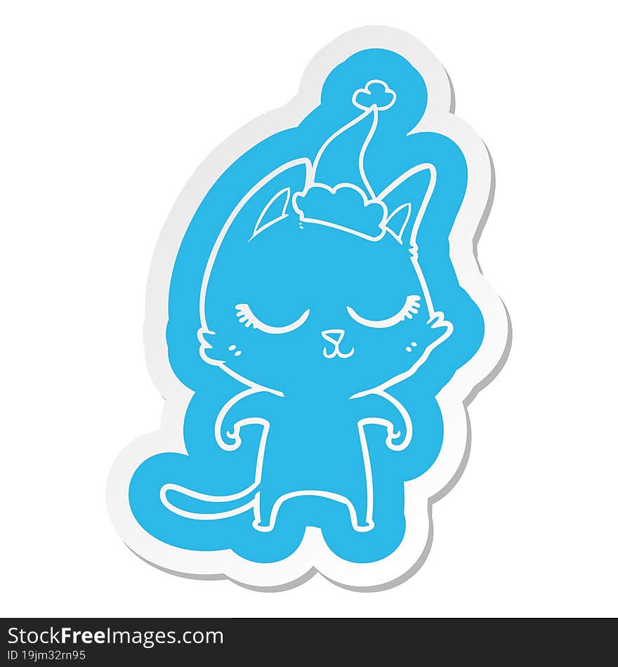 calm cartoon  sticker of a cat wearing santa hat