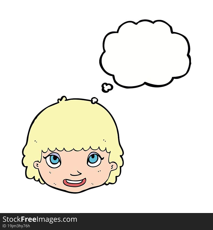 cartoon happy female face with thought bubble