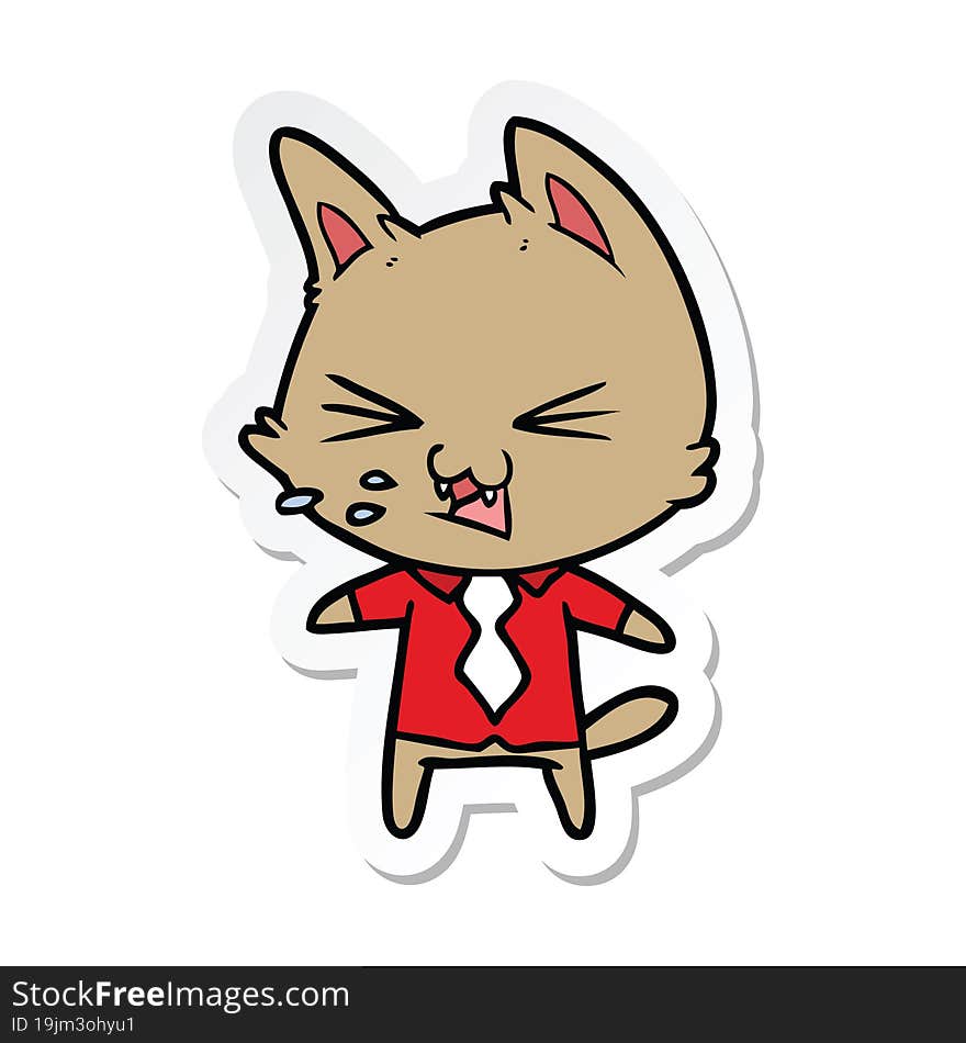 sticker of a cartoon cat wearing shirt hissing