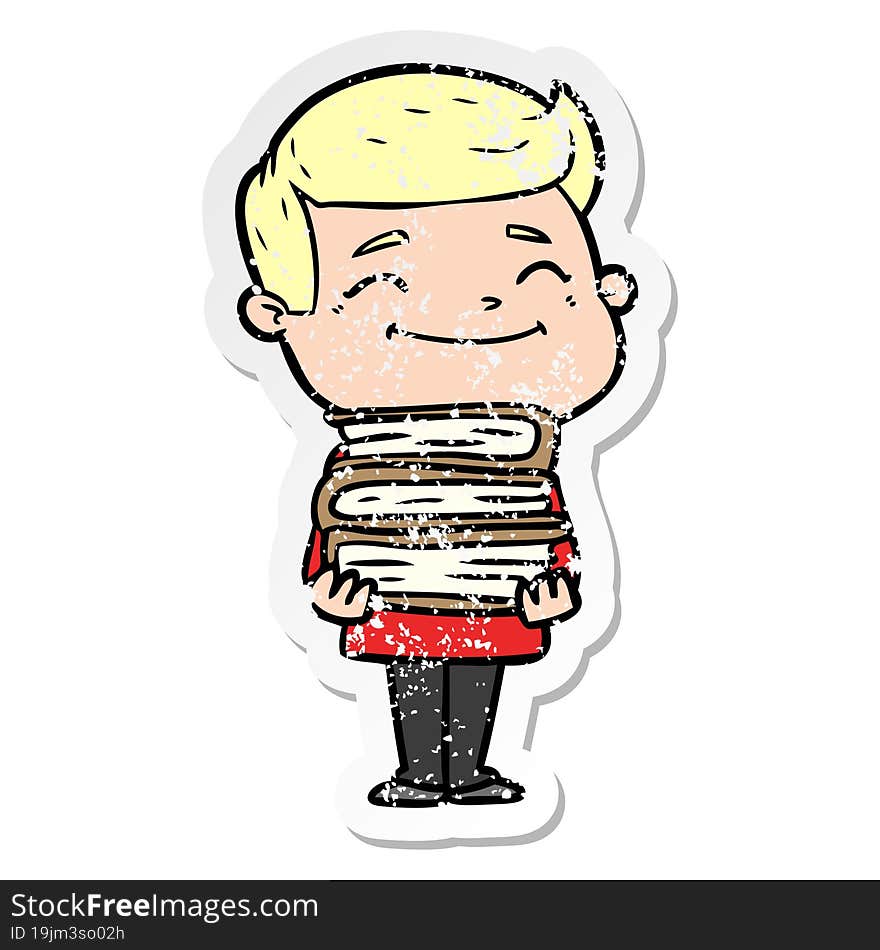 distressed sticker of a happy cartoon man with stack of books