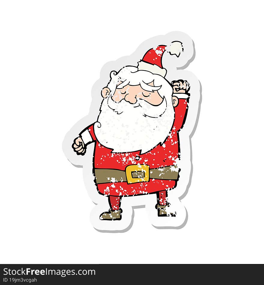 retro distressed sticker of a cartoon santa claus punching air