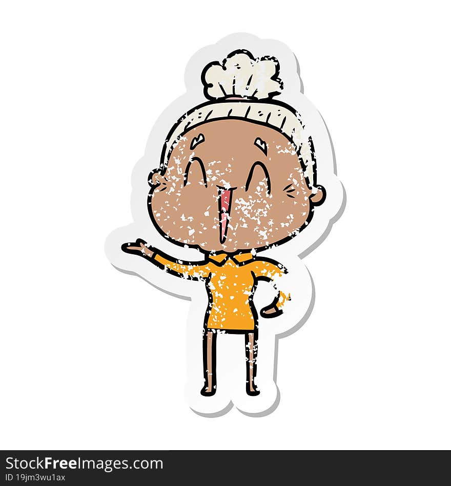 distressed sticker of a cartoon happy old lady