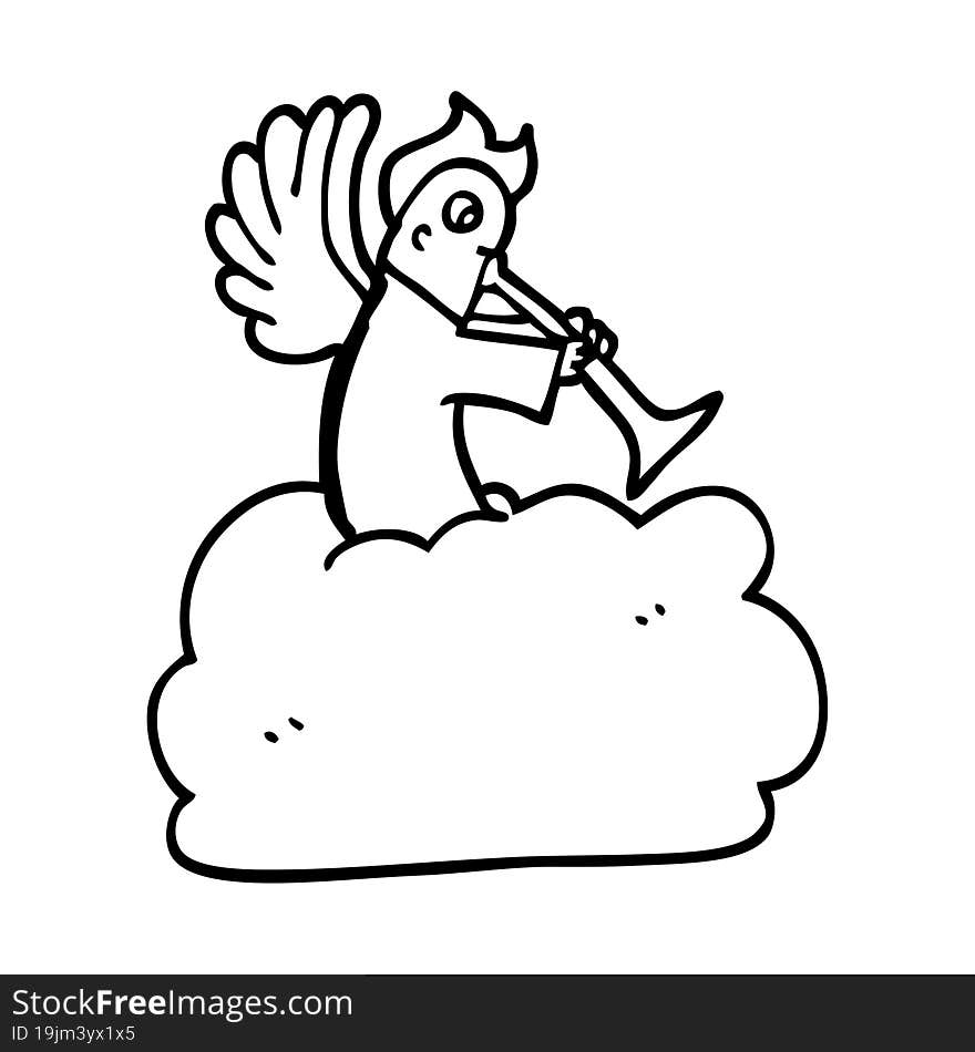 line drawing cartoon angel on cloud with trumpet