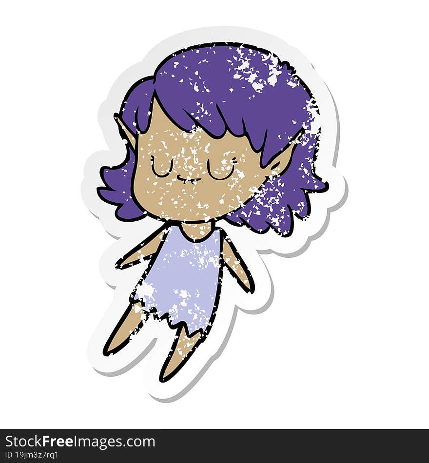 distressed sticker of a happy cartoon elf girl