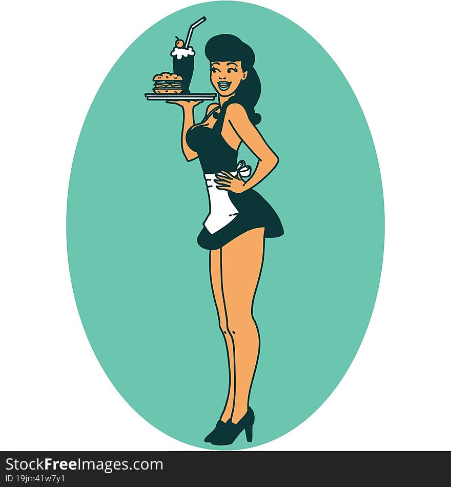 tattoo in traditional style of a pinup waitress girl. tattoo in traditional style of a pinup waitress girl