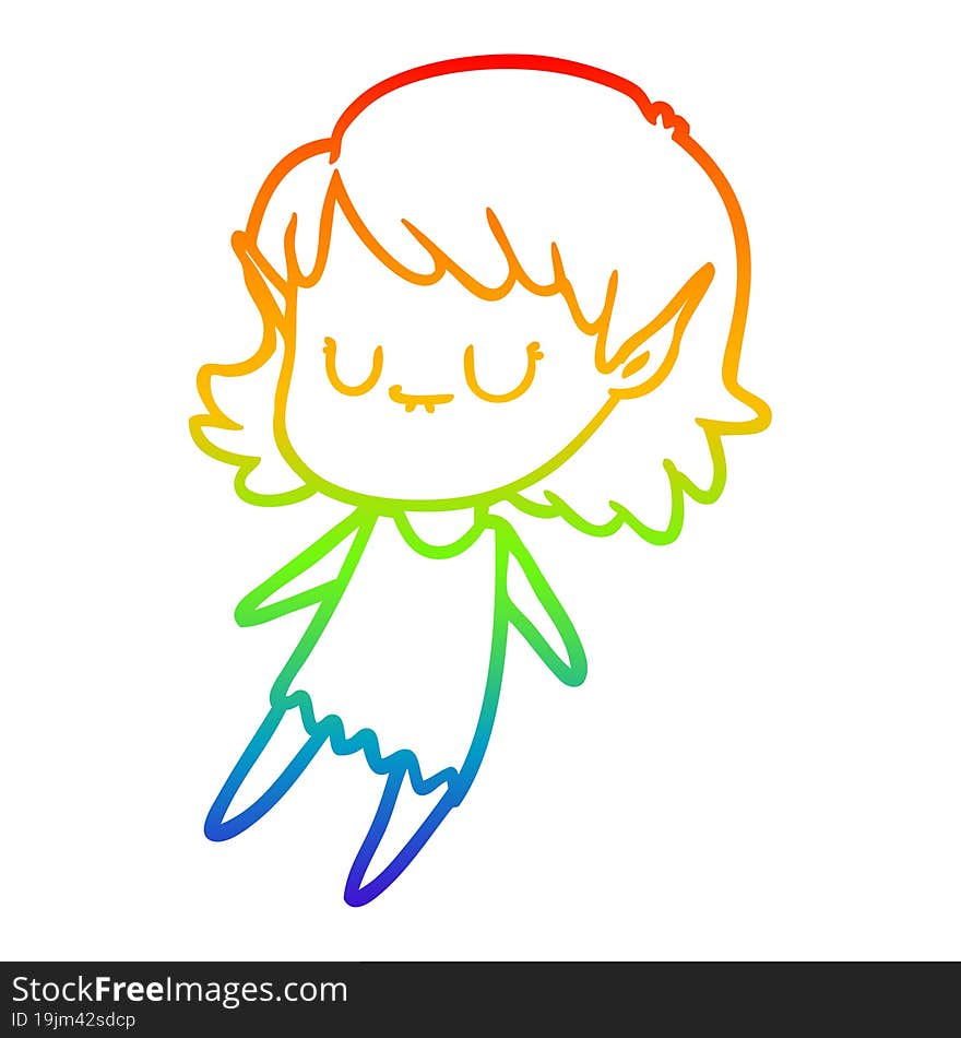 Rainbow Gradient Line Drawing Happy Cartoon Elf Girl