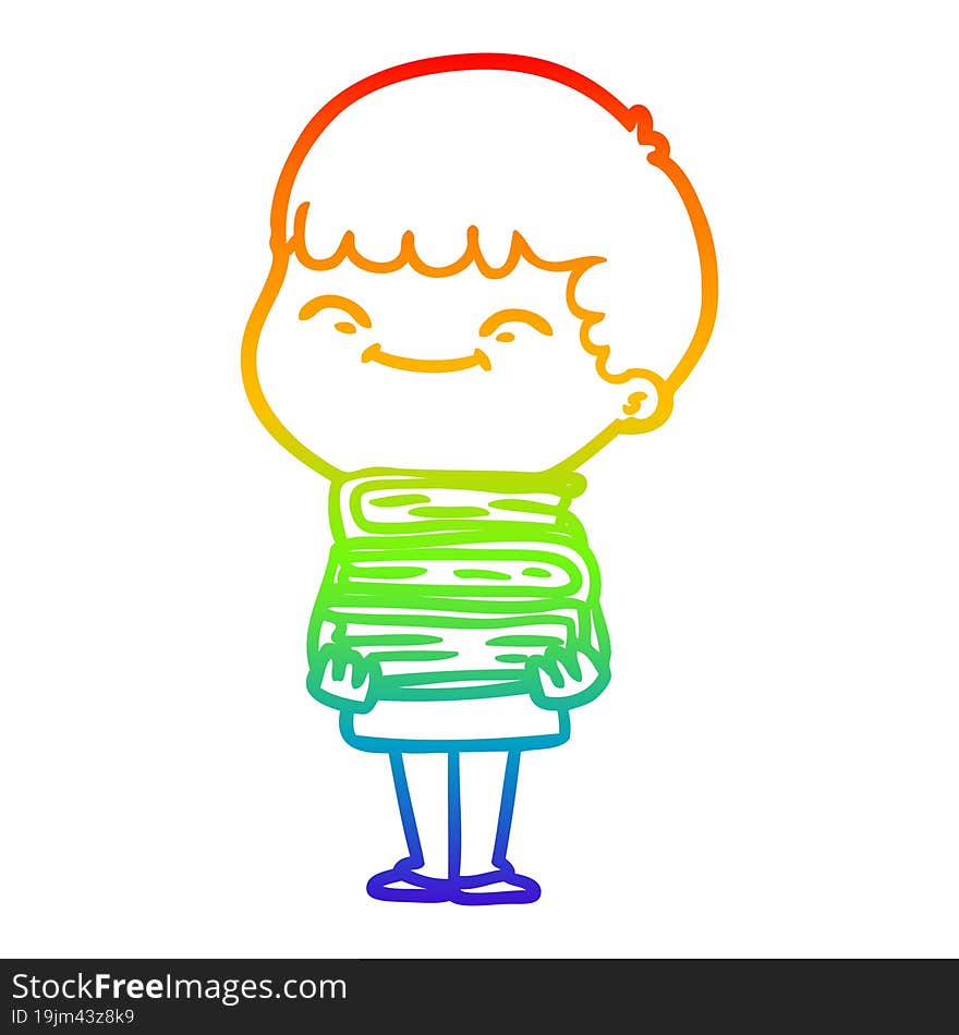 Rainbow Gradient Line Drawing Cartoon Happy Boy With Books