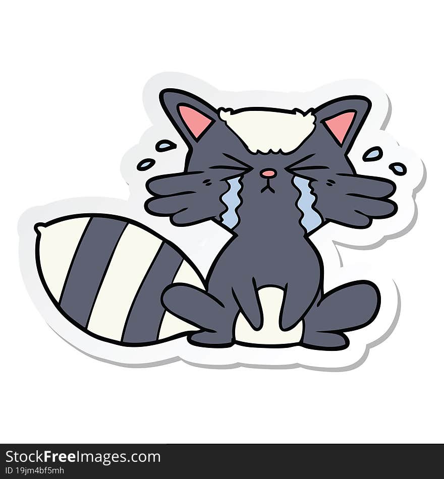 sticker of a cartoon raccoon crying