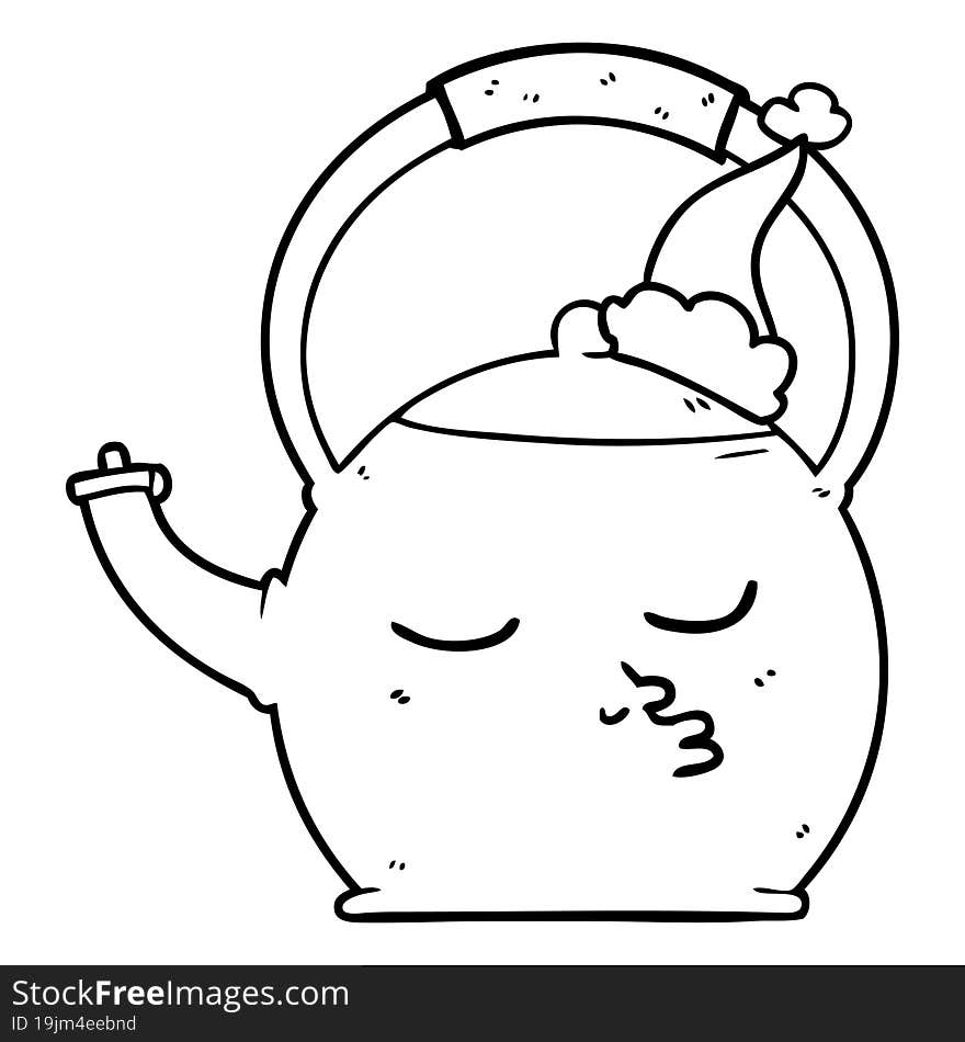 line drawing of a kettle wearing santa hat