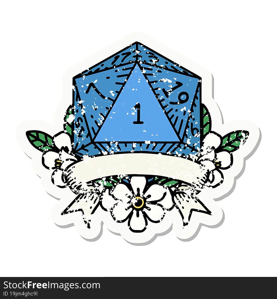 natural one d20 dice roll grunge sticker