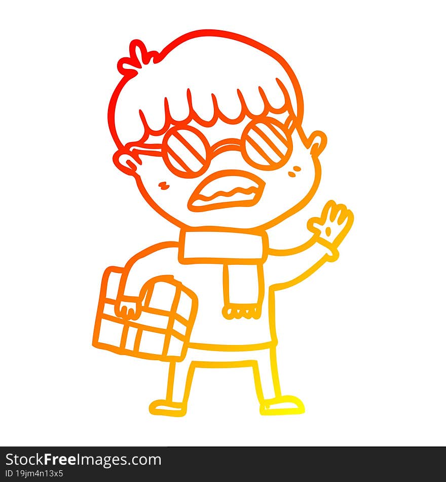 Warm Gradient Line Drawing Cartoon Boy Holding Gift And Wearing Spectacles