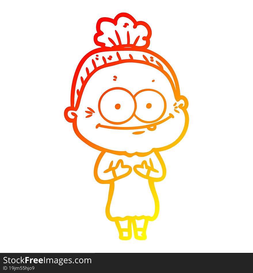 warm gradient line drawing of a cartoon happy old woman