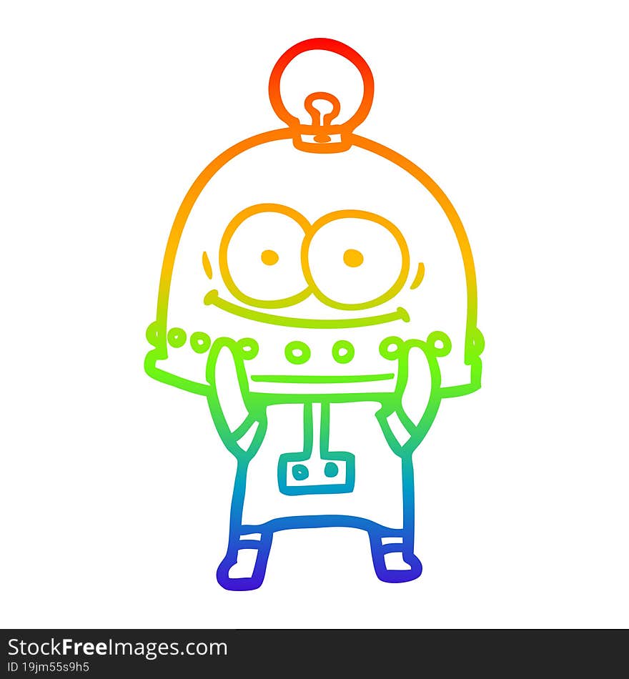 rainbow gradient line drawing happy carton robot with light bulb