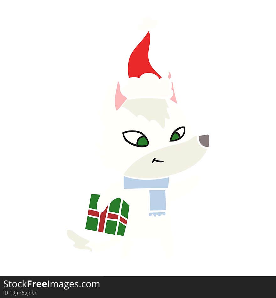 friendly flat color illustration of a christmas wolf wearing santa hat