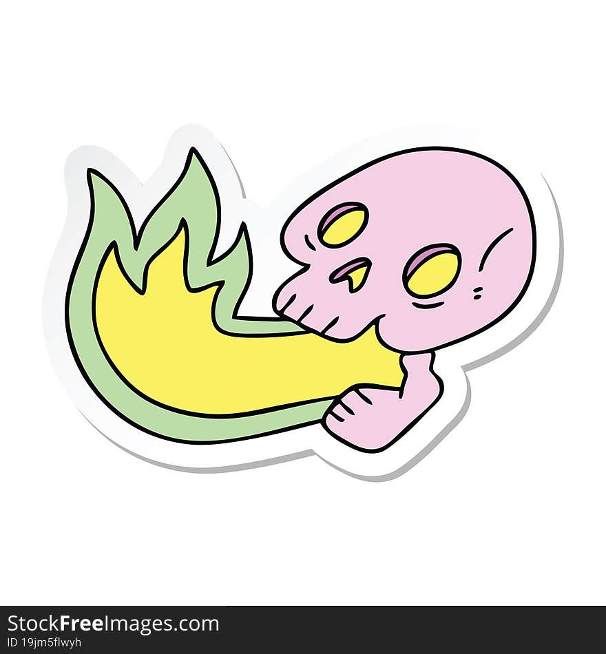 sticker of a fire breathing quirky hand drawn cartoon skull