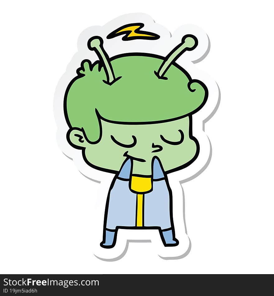 sticker of a self conscious cartoon spaceman