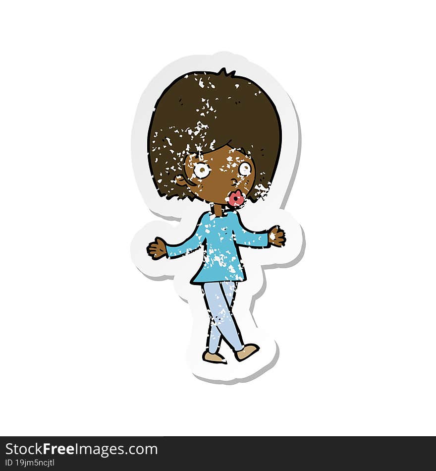 retro distressed sticker of a cartoon confused woman