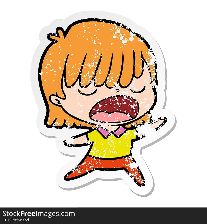 distressed sticker of a cartoon woman talking loudly