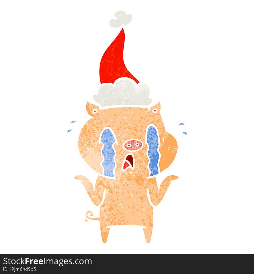 crying pig hand drawn retro cartoon of a wearing santa hat. crying pig hand drawn retro cartoon of a wearing santa hat