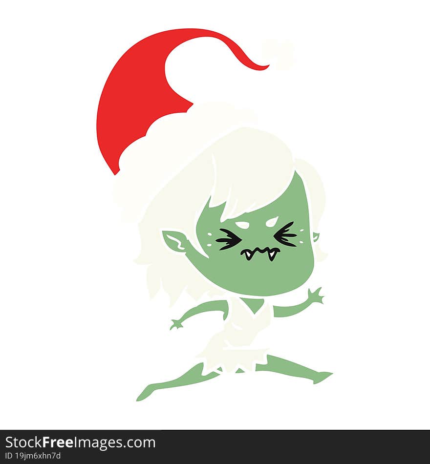 annoyed flat color illustration of a vampire girl wearing santa hat