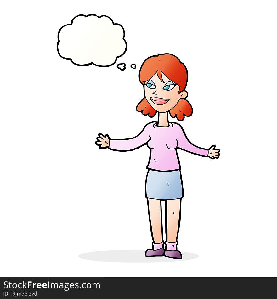 cartoon happy woman shrugging shoulders with thought bubble