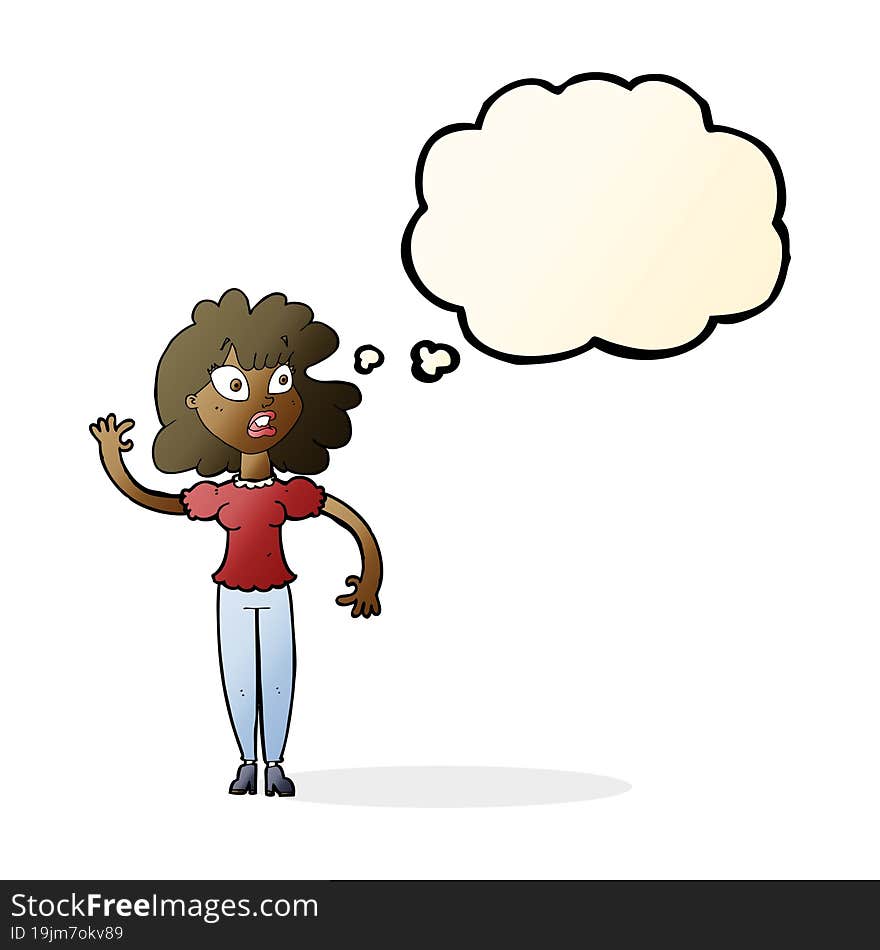 cartoon worried woman waving with thought bubble